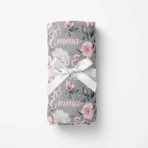Couverture en mousseline de bambou | Fleurs Grises prénom répétitif