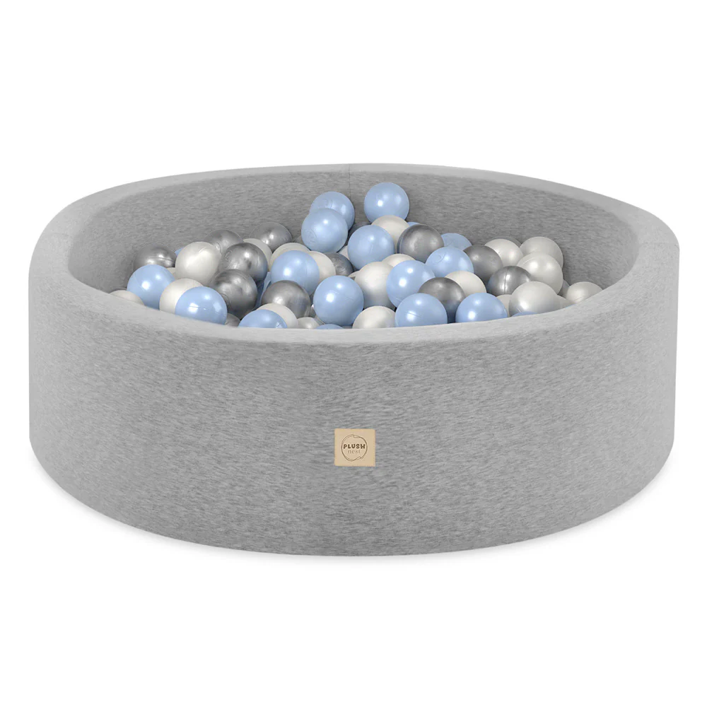 Piscine à balles - ronde 90x30 cm, gris clair, coton (+ 200 boules bleu clair, argent, perle) -Plush Nest- Misioo – Image 2