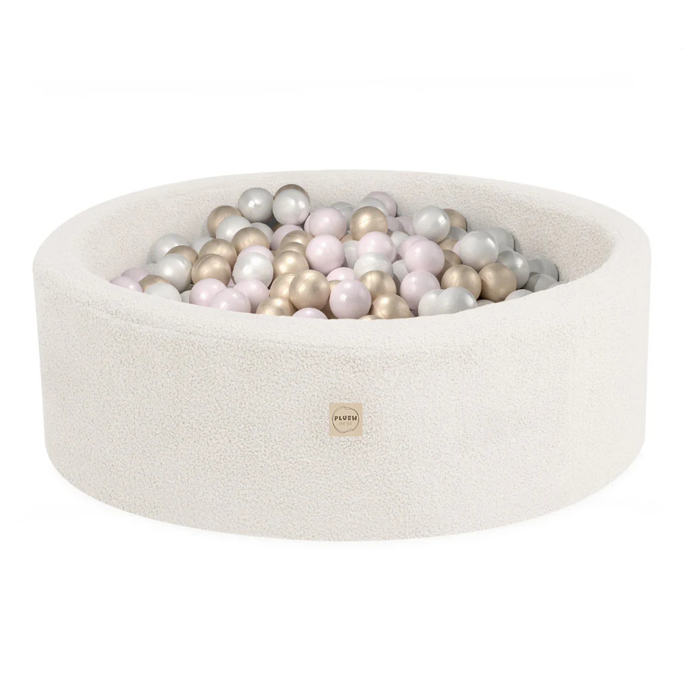 Piscine à balles - ronde 90x30 cm, agneau crème (+ 200 boules or, perle, perle rose clair) -Plush Nest- Misioo – Image 2