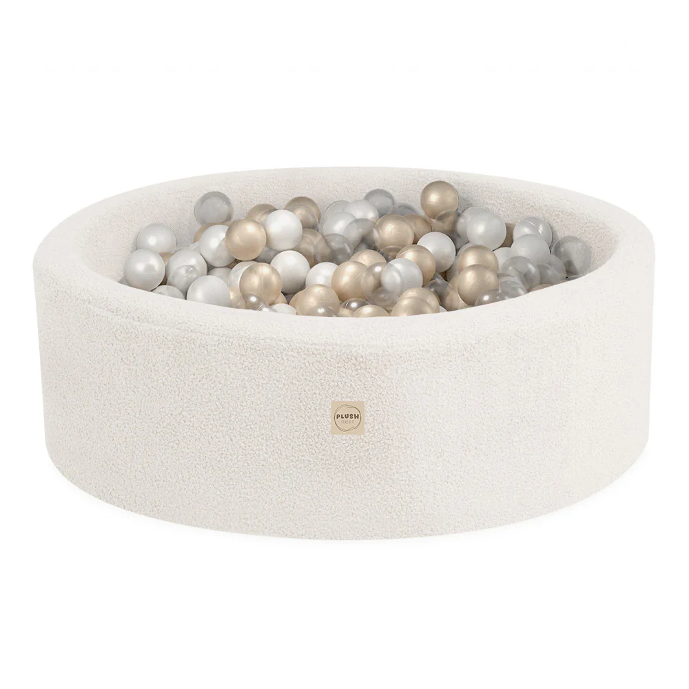 Piscine à balles - ronde 90x30 cm, agneau crème (+ 200 boules or, perle, transparentes) -Plush Nest- Misioo – Image 2