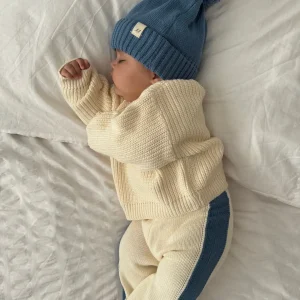 Pantalon Rayé en Tricot Crème & Bleu Denim