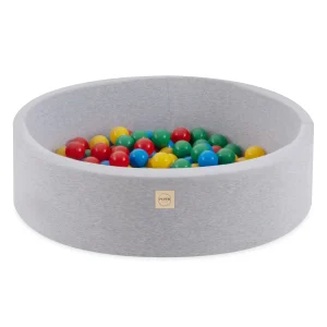 Piscine à balles - ronde 90x30 cm, gris clair, coton (+ 200 boules bleu, jaune, rouge, vert) -Plush Nest- Misioo